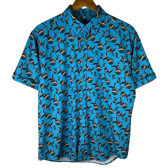RARE Fernet Branca Sz L Button Shirt Blue Stretch Short Sleeve Graphic Logo AOP - Picture 2 of 7